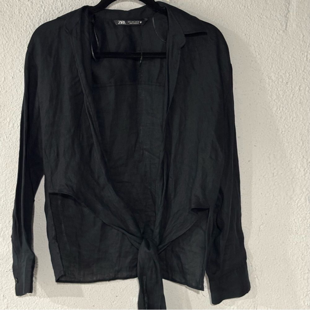 ZARA Women's Black Washed Hi-Lo Open Tie-Front Collared Long Sleeve Top SZ L